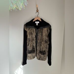 Vintage Black and Cream Fur Zip Up Cardigan Size XL